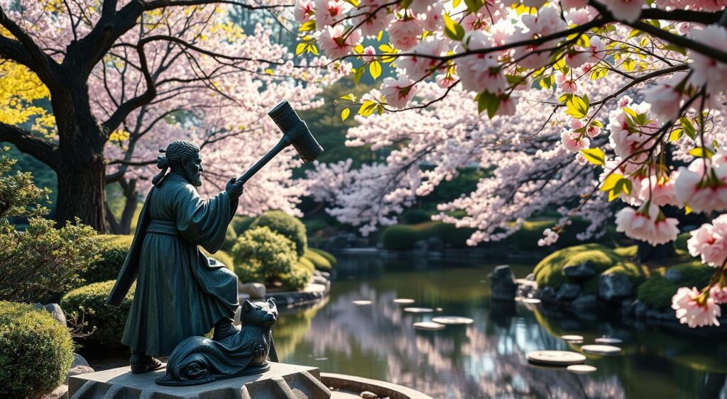 ikoku with hammer japanese bronze sculpture